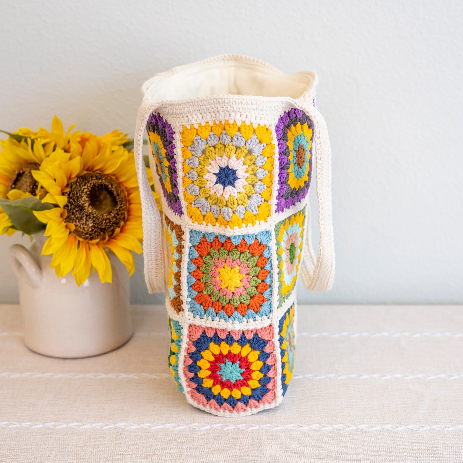 Women’s Crochet Cotton Handmade Granny Square Shoulder Tote Bag for Boho Everyday Style & Gifts