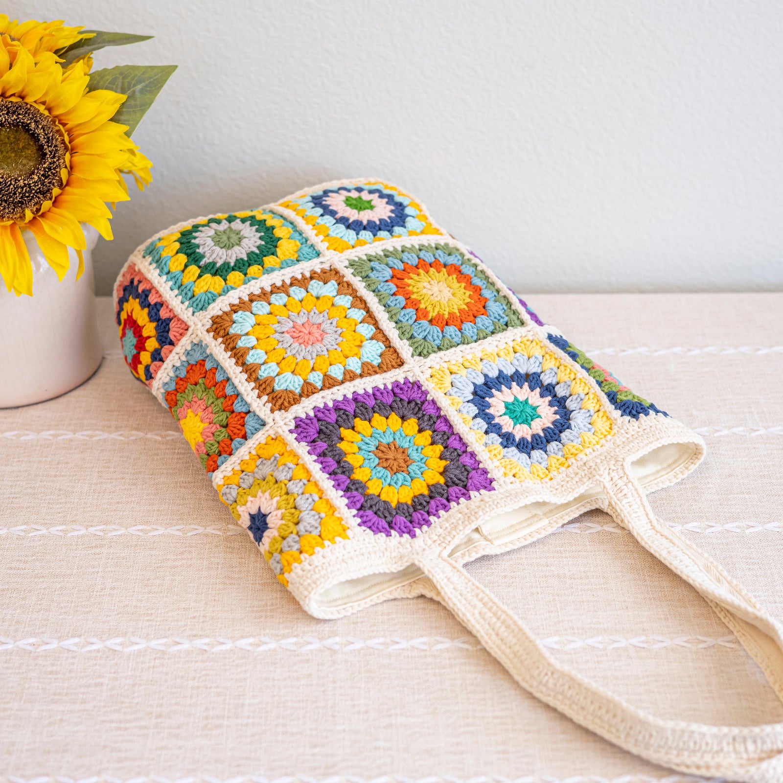 Women’s Crochet Cotton Handmade Granny Square Shoulder Tote Bag for Boho Everyday Style & Gifts
