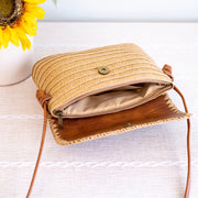 Women’s Straw Woven Messenger Bag with Leather Flap for Beach, Vacation & Summer Outfits