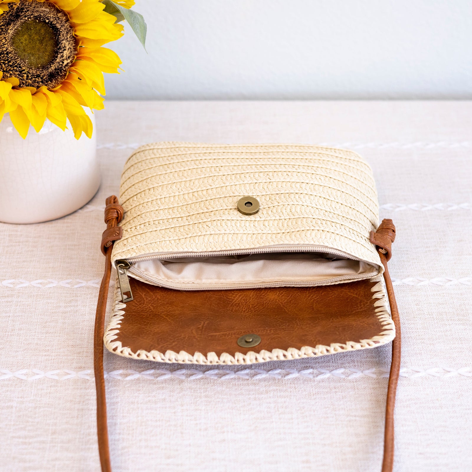 Women’s Straw Woven Messenger Bag with Leather Flap for Beach, Vacation & Summer Outfits