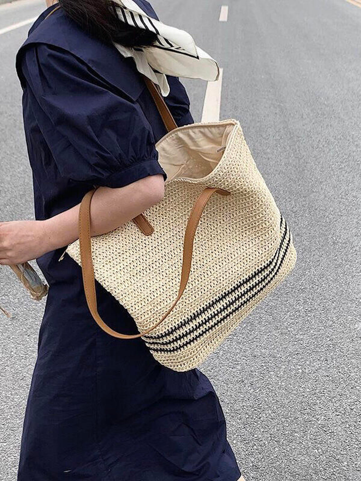 Women’s Striped Large Straw Woven Tote for Beach, Vacation & Summer Outfits