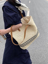 Women’s Striped Large Straw Woven Tote for Beach, Vacation & Summer Outfits