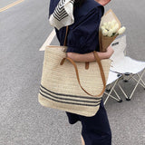 Women’s Striped Large Straw Woven Tote for Beach, Vacation & Summer Outfits