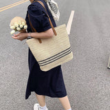 Women’s Striped Large Straw Woven Tote for Beach, Vacation & Summer Outfits