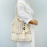 Women’s Boho Handmade Crochet Tote Bag with Tassel & Wooden Bead for Boho Everyday Style & Gifts
