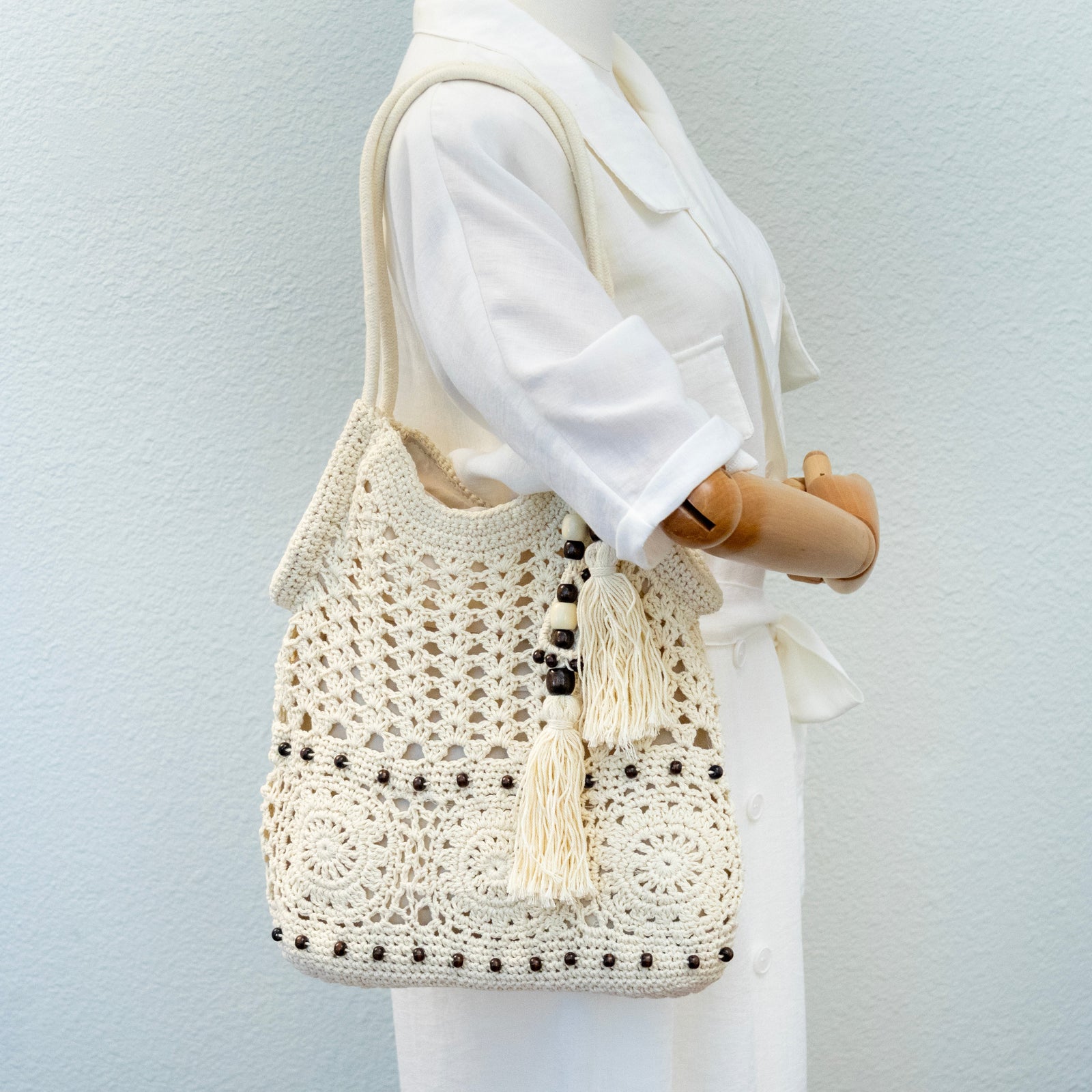 Women’s Boho Handmade Crochet Tote Bag with Tassel & Wooden Bead for Boho Everyday Style & Gifts