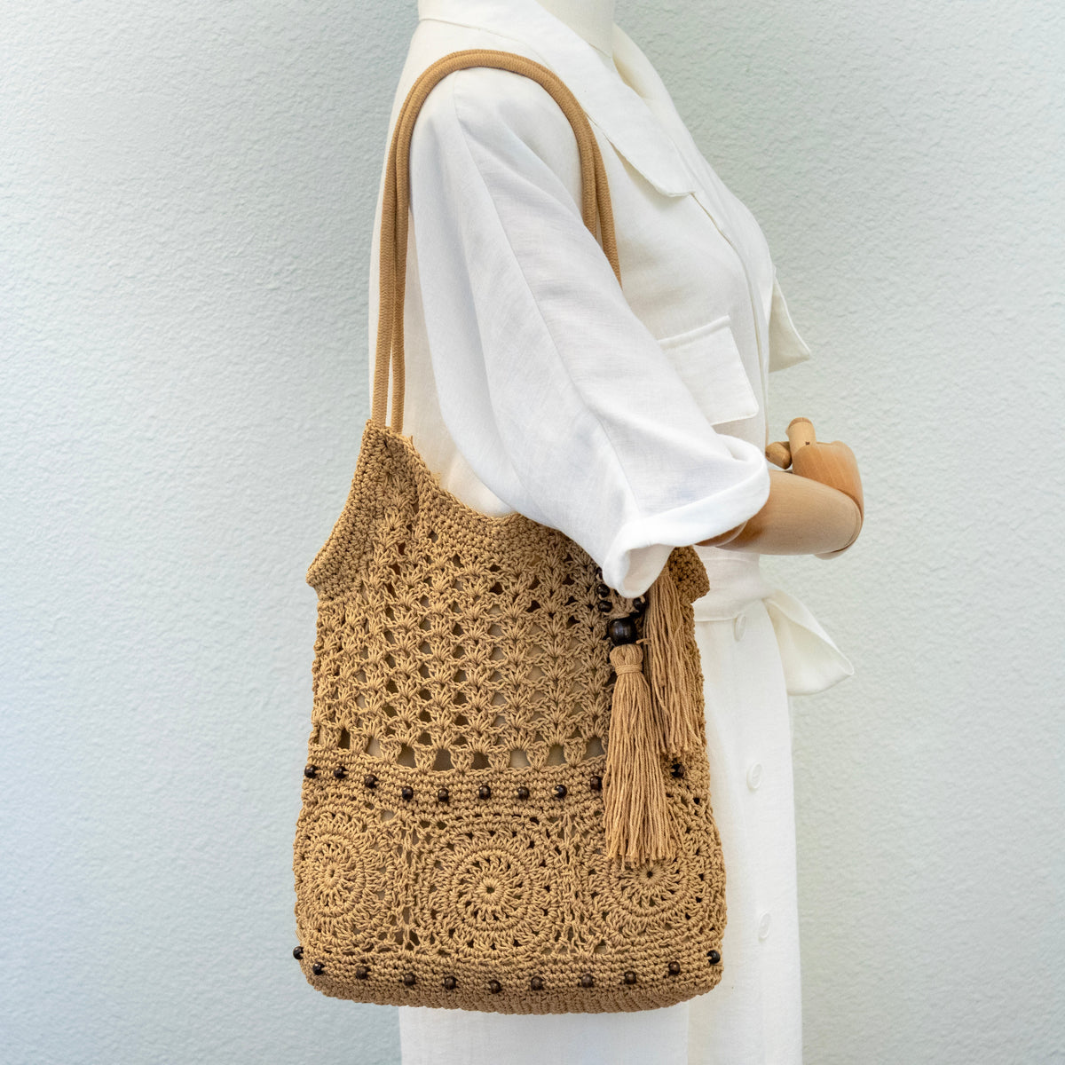 Women’s Boho Handmade Crochet Tote Bag with Tassel & Wooden Bead for Boho Everyday Style & Gifts