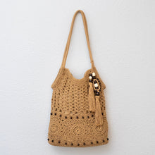 Women’s Boho Handmade Crochet Tote Bag with Tassel & Wooden Bead for Boho Everyday Style & Gifts
