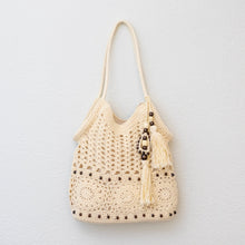 Women’s Boho Handmade Crochet Tote Bag with Tassel & Wooden Bead for Boho Everyday Style & Gifts