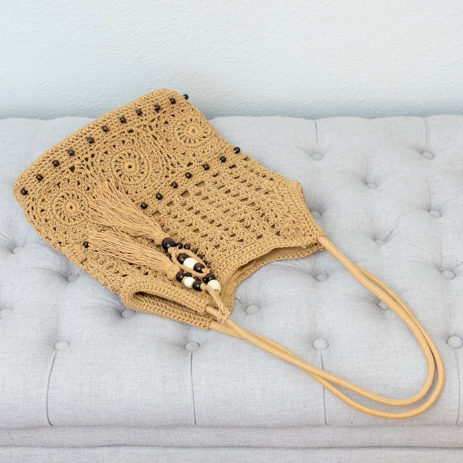 Women’s Boho Handmade Crochet Tote Bag with Tassel & Wooden Bead for Boho Everyday Style & Gifts
