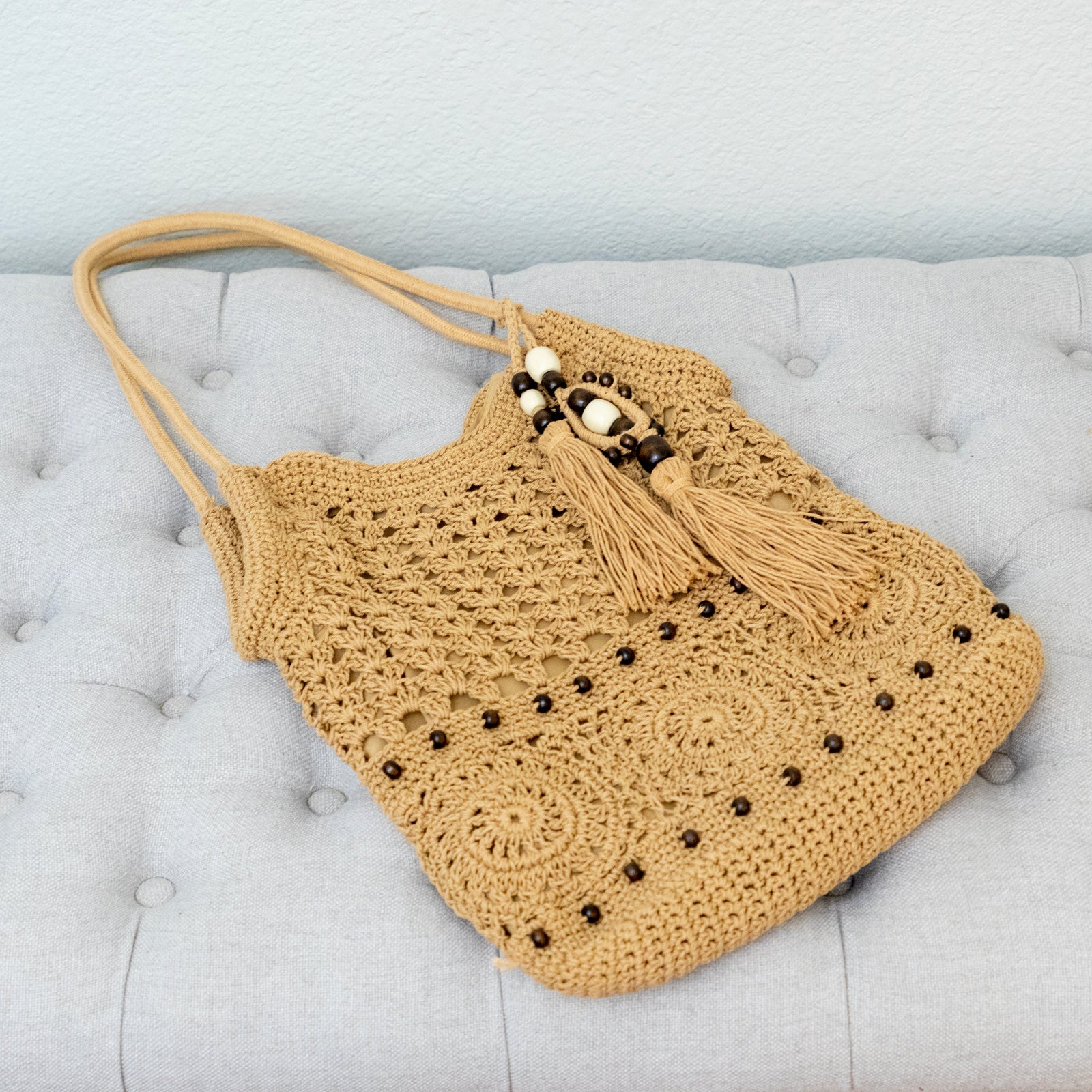 Women’s Boho Handmade Crochet Tote Bag with Tassel & Wooden Bead for Boho Everyday Style & Gifts