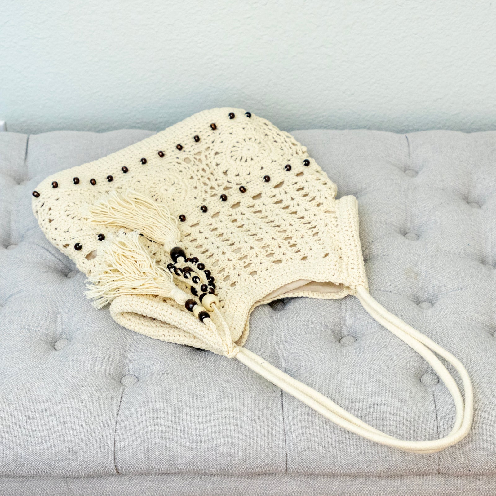 Women’s Boho Handmade Crochet Tote Bag with Tassel & Wooden Bead for Boho Everyday Style & Gifts
