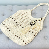 Women’s Boho Handmade Crochet Tote Bag with Tassel & Wooden Bead for Boho Everyday Style & Gifts