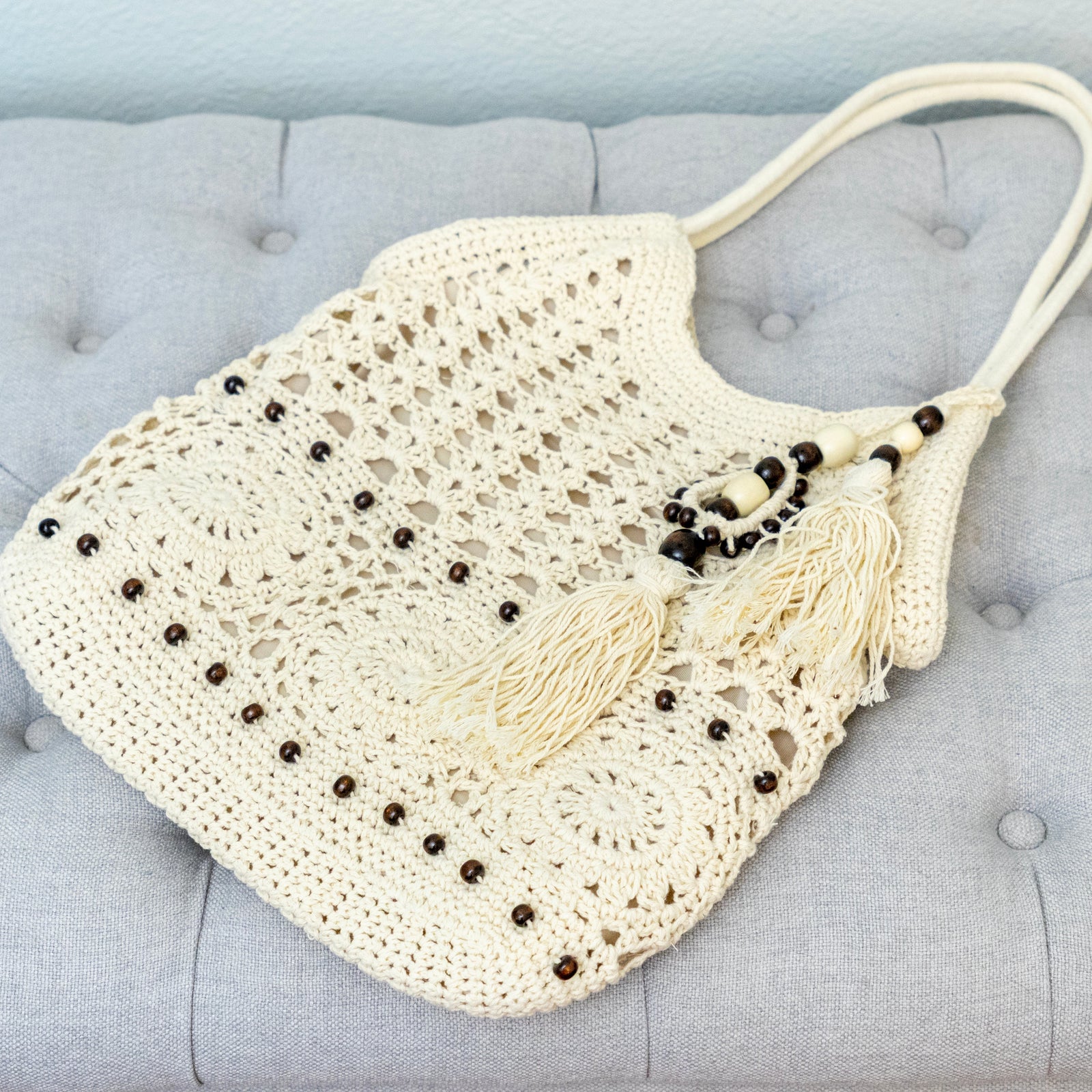 Women’s Boho Handmade Crochet Tote Bag with Tassel & Wooden Bead for Boho Everyday Style & Gifts