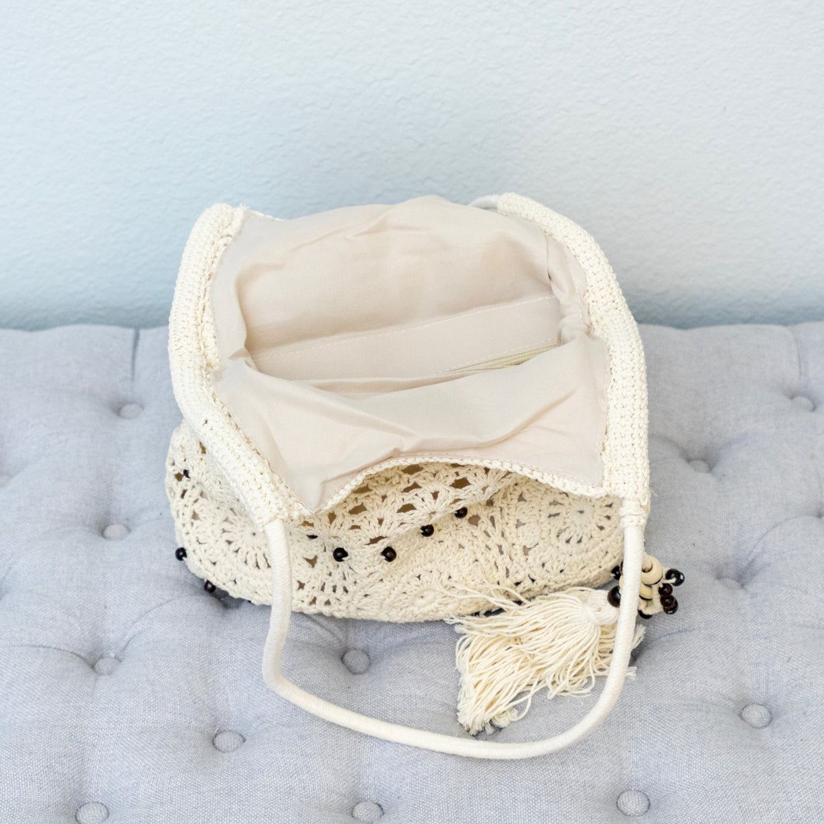 Women’s Boho Handmade Crochet Tote Bag with Tassel & Wooden Bead for Boho Everyday Style & Gifts