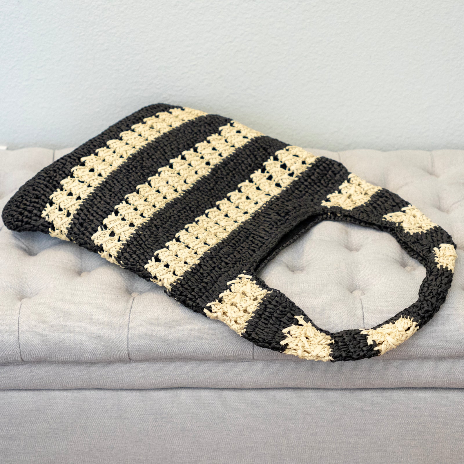Women’s Handmade Crochet Straw Tote Bag – Black & Beige Striped Shoulder Bag for Beach, Vacation & Summer Outfits