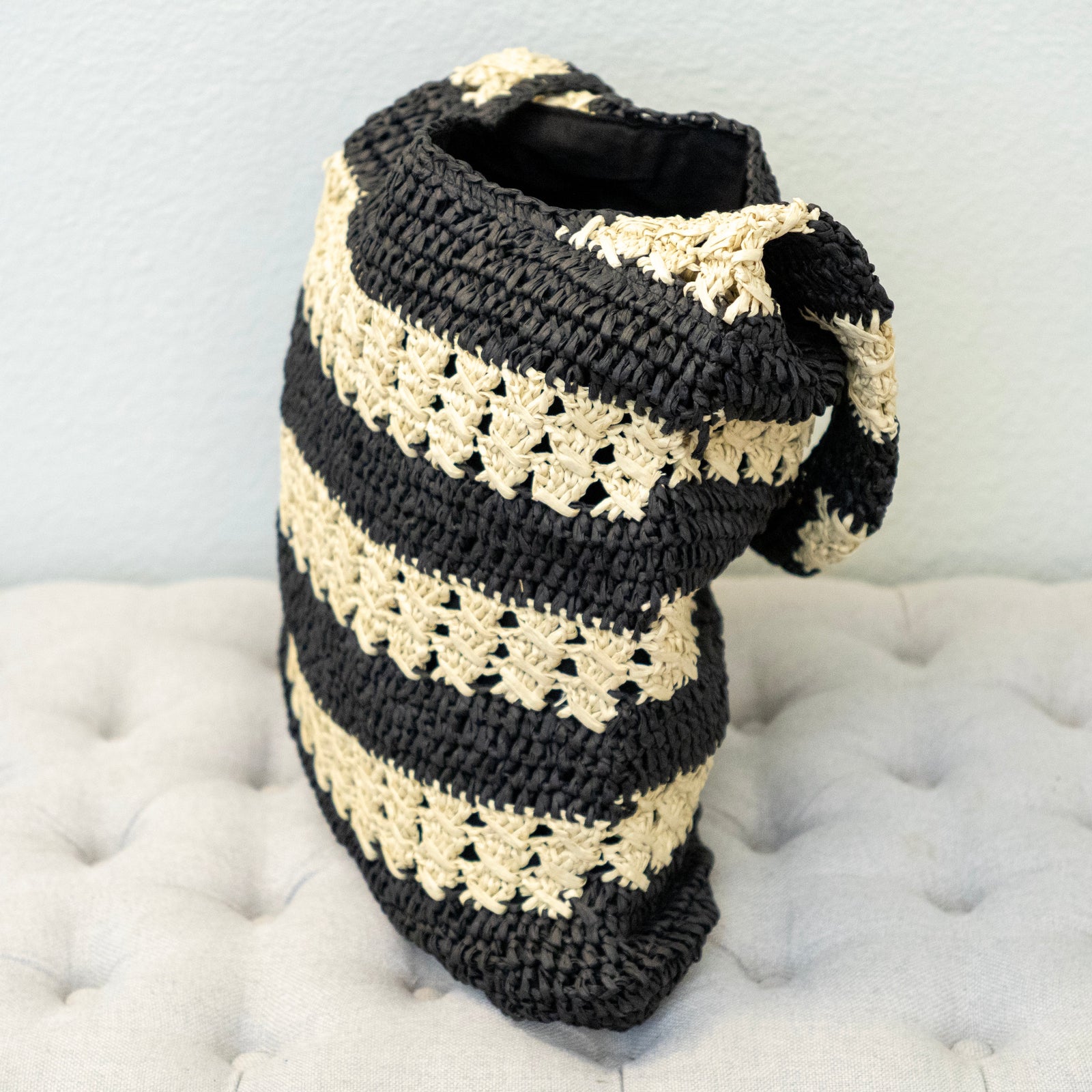 Women’s Handmade Crochet Straw Tote Bag – Black & Beige Striped Shoulder Bag for Beach, Vacation & Summer Outfits