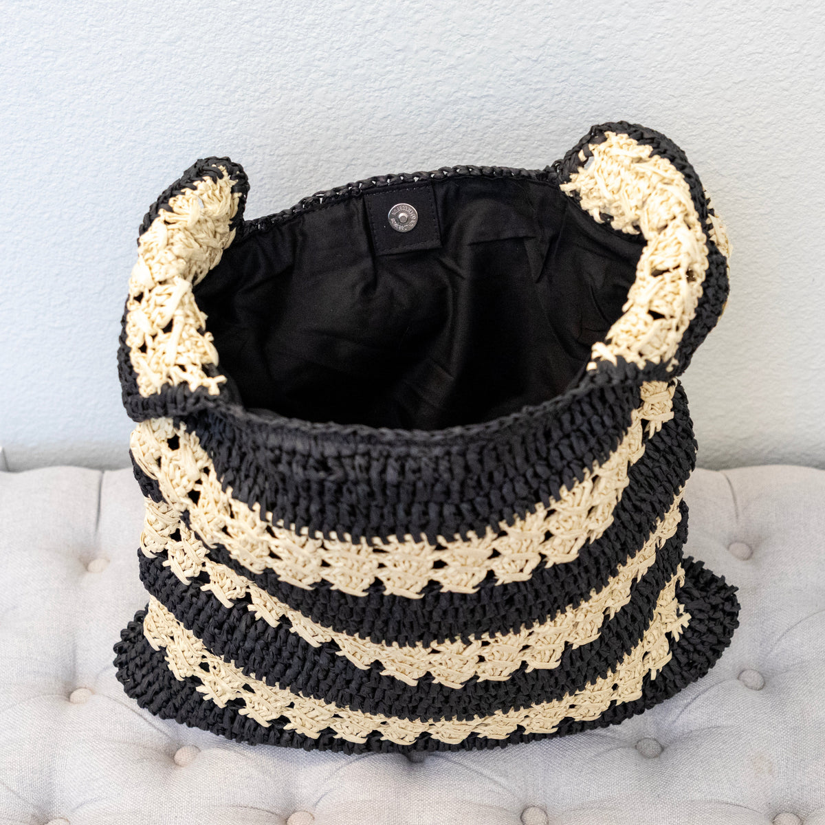 Women’s Handmade Crochet Straw Tote Bag – Black & Beige Striped Shoulder Bag for Beach, Vacation & Summer Outfits