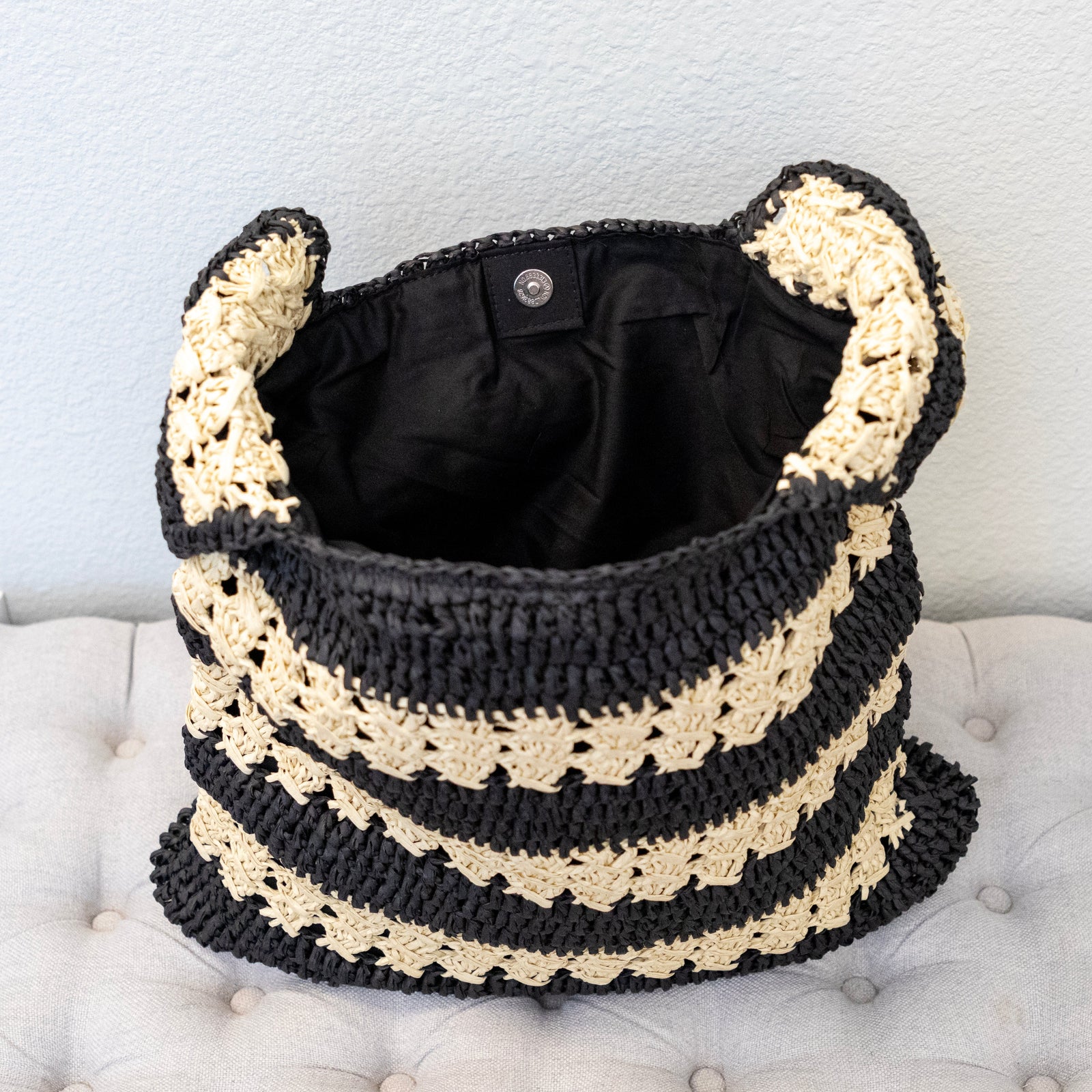 Women’s Handmade Crochet Straw Tote Bag – Black & Beige Striped Shoulder Bag for Beach, Vacation & Summer Outfits