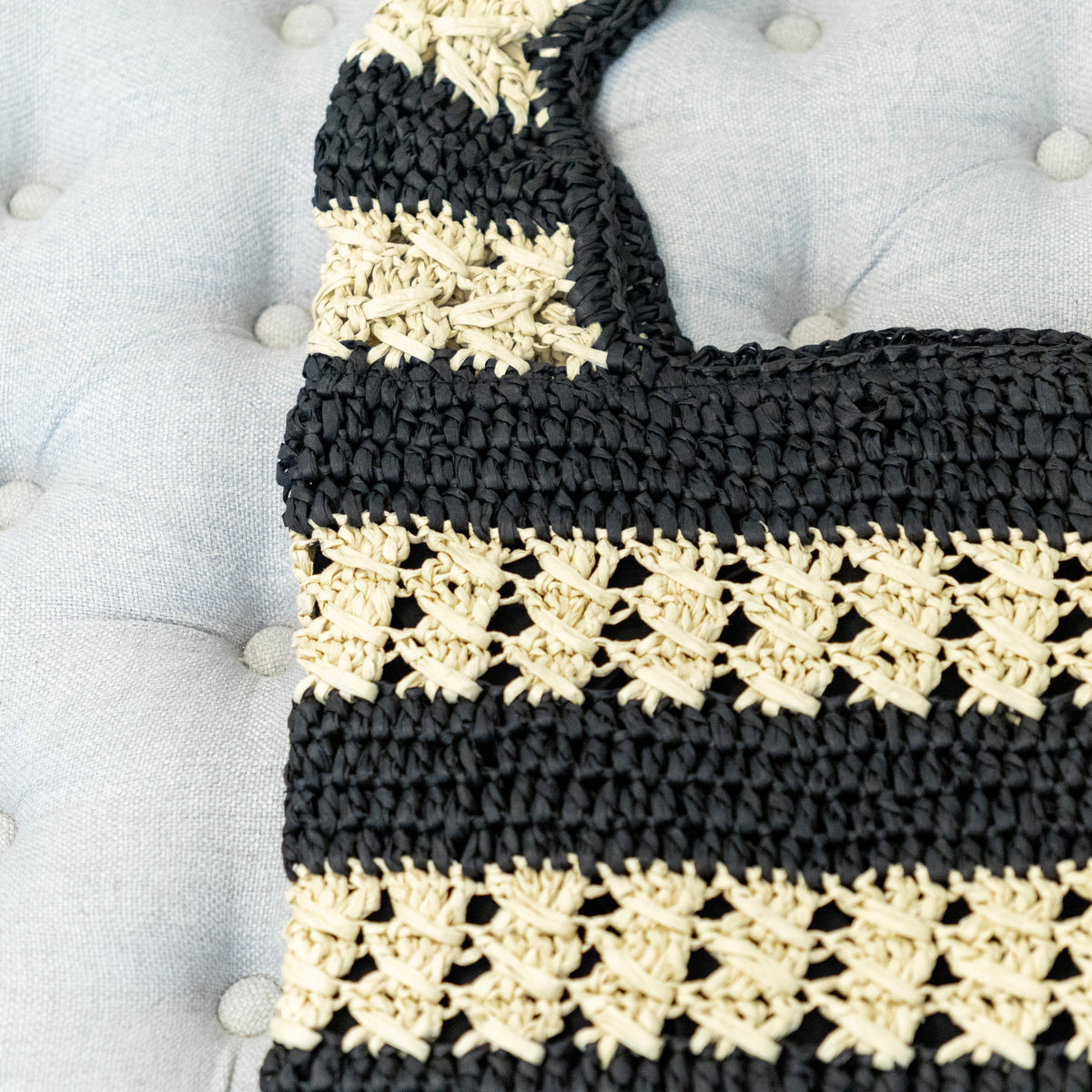 Women’s Handmade Crochet Straw Tote Bag – Black & Beige Striped Shoulder Bag for Beach, Vacation & Summer Outfits