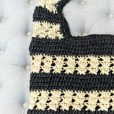 Women’s Handmade Crochet Straw Tote Bag – Black & Beige Striped Shoulder Bag for Beach, Vacation & Summer Outfits