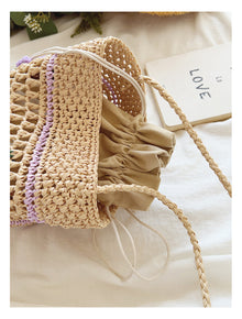 Women’s Floral Raffia Shoulder Bucket Bag Lavender Straw Bag for Beach, Vacation & Summer Outfits