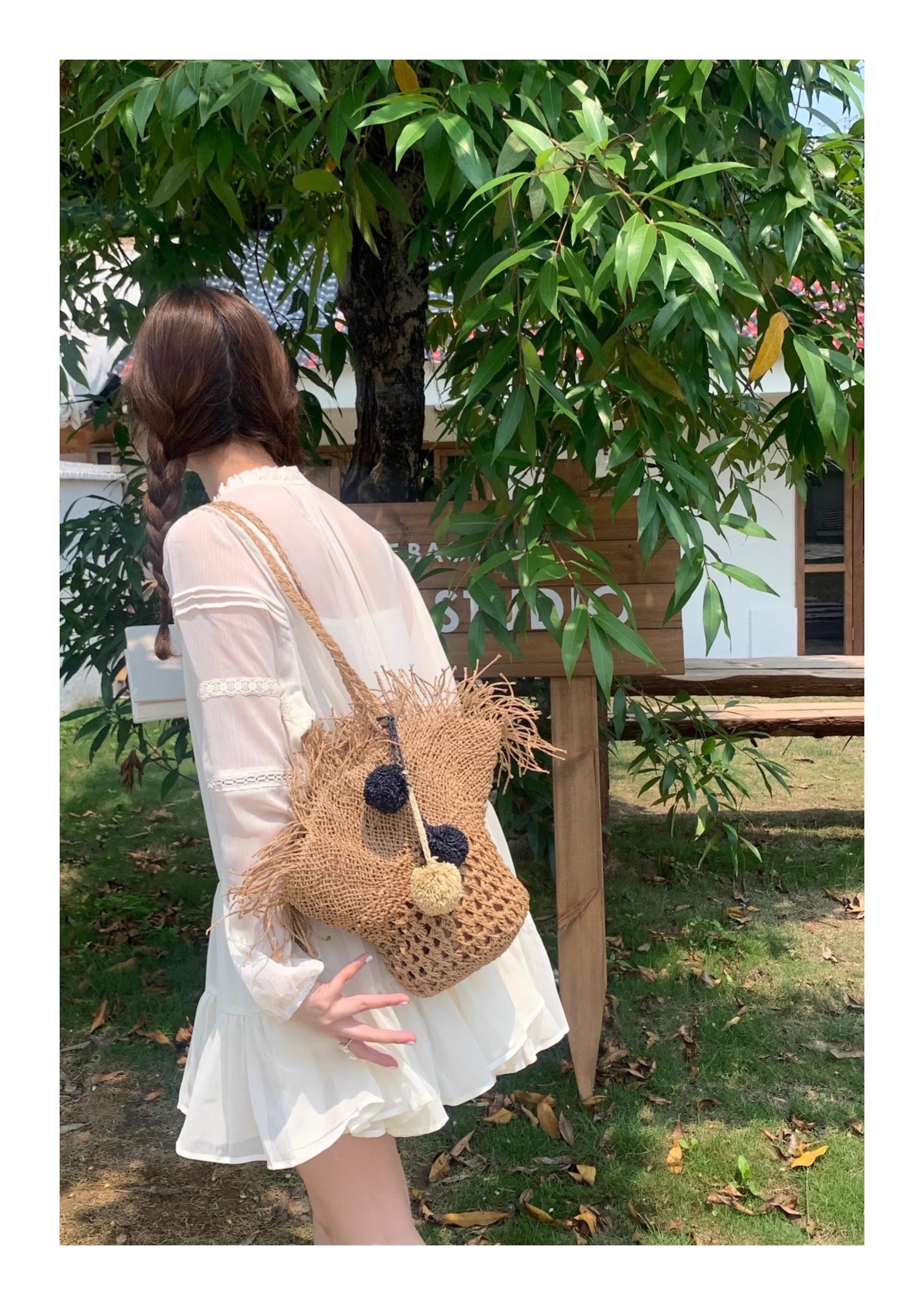 Women’s Straw Woven Basket Shape Tote with Pom Pom for Beach, Vacation & Summer Outfits