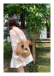 Women’s Straw Woven Basket Shape Tote with Pom Pom for Beach, Vacation & Summer Outfits