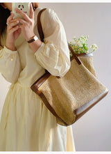 Women’s Straw Woven Tote Bag with Leather Trims for Beach, Vacation & Summer Outfits