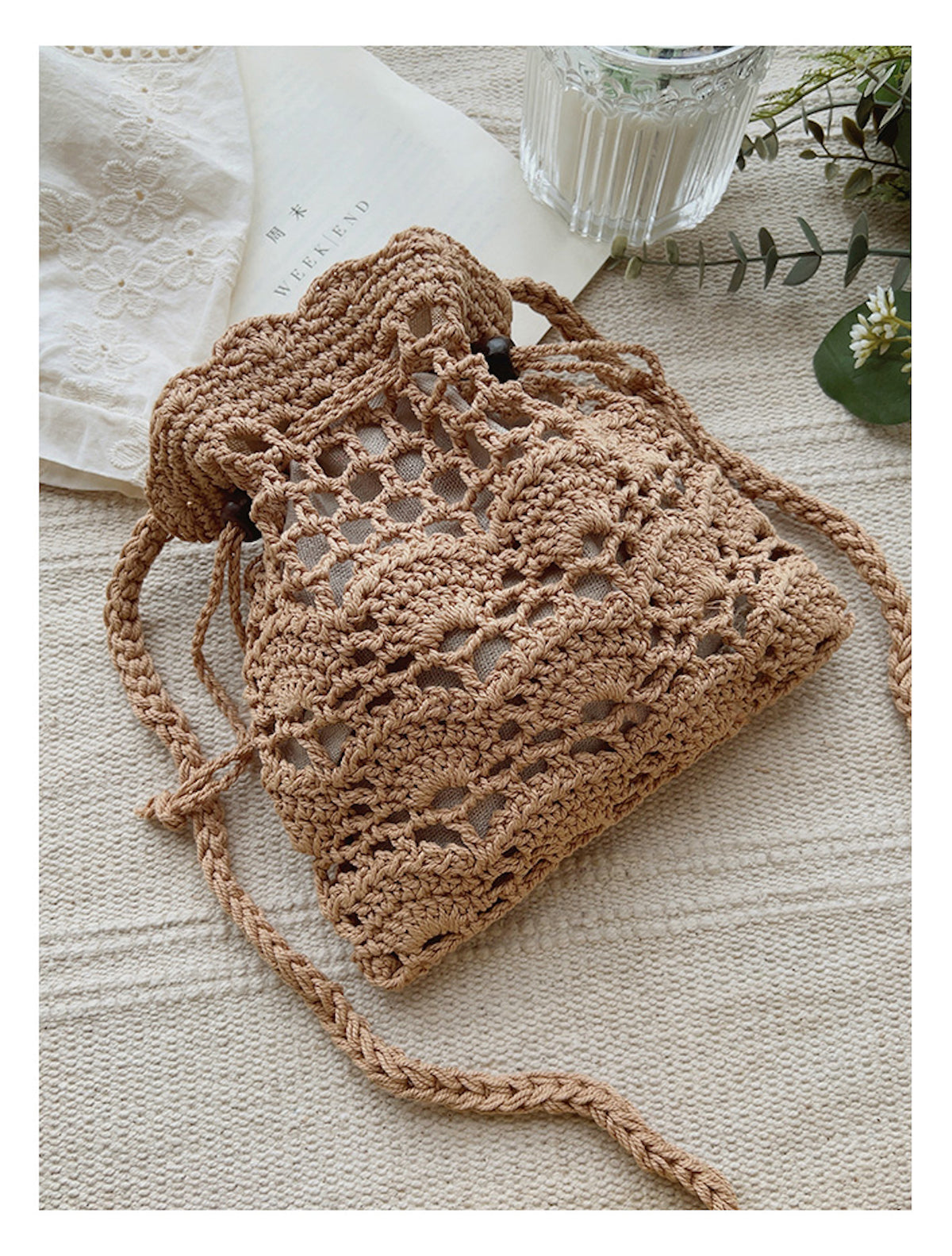 Women’s Floral Cotton Knitted Shoulder Drawstring Bag with Tassel Crossbody Bag for Boho Everyday Style & Gifts