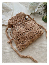 Women’s Floral Cotton Knitted Shoulder Drawstring Bag with Tassel Crossbody Bag for Boho Everyday Style & Gifts