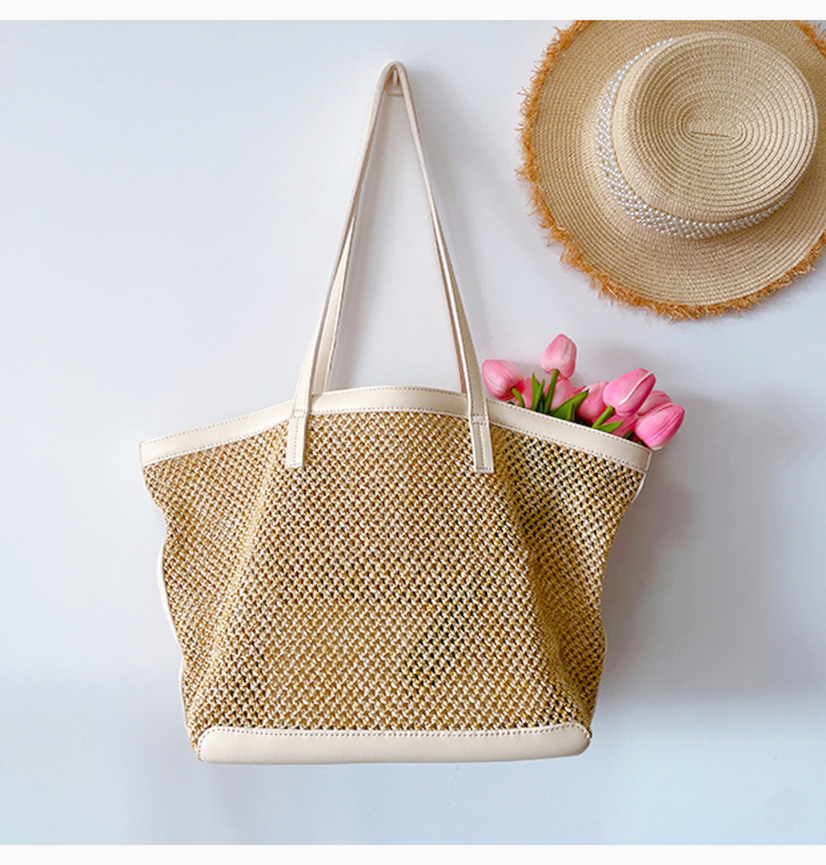 Women’s Straw Woven Tote Bag with Leather Trims for Beach, Vacation & Summer Outfits