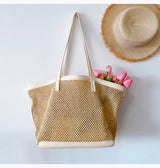 Women’s Straw Woven Tote Bag with Leather Trims for Beach, Vacation & Summer Outfits