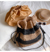 Women’s Stripe Straw Drawstring Bag Tote Bag for Beach, Vacation & Summer Outfits