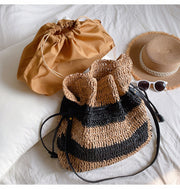 Women’s Stripe Straw Drawstring Bag Tote Bag for Beach, Vacation & Summer Outfits