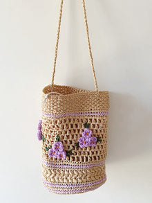 Women’s Floral Raffia Shoulder Bucket Bag Lavender Straw Bag for Beach, Vacation & Summer Outfits