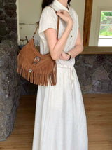 Women’s Soft Leather Soft Suede Shoulder Bag with Tassel for Everyday City Outfits