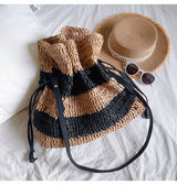 Women’s Stripe Straw Drawstring Bag Tote Bag for Beach, Vacation & Summer Outfits