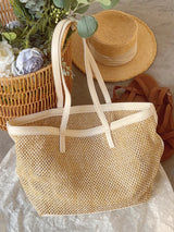 Women’s Straw Woven Tote Bag with Leather Trims for Beach, Vacation & Summer Outfits