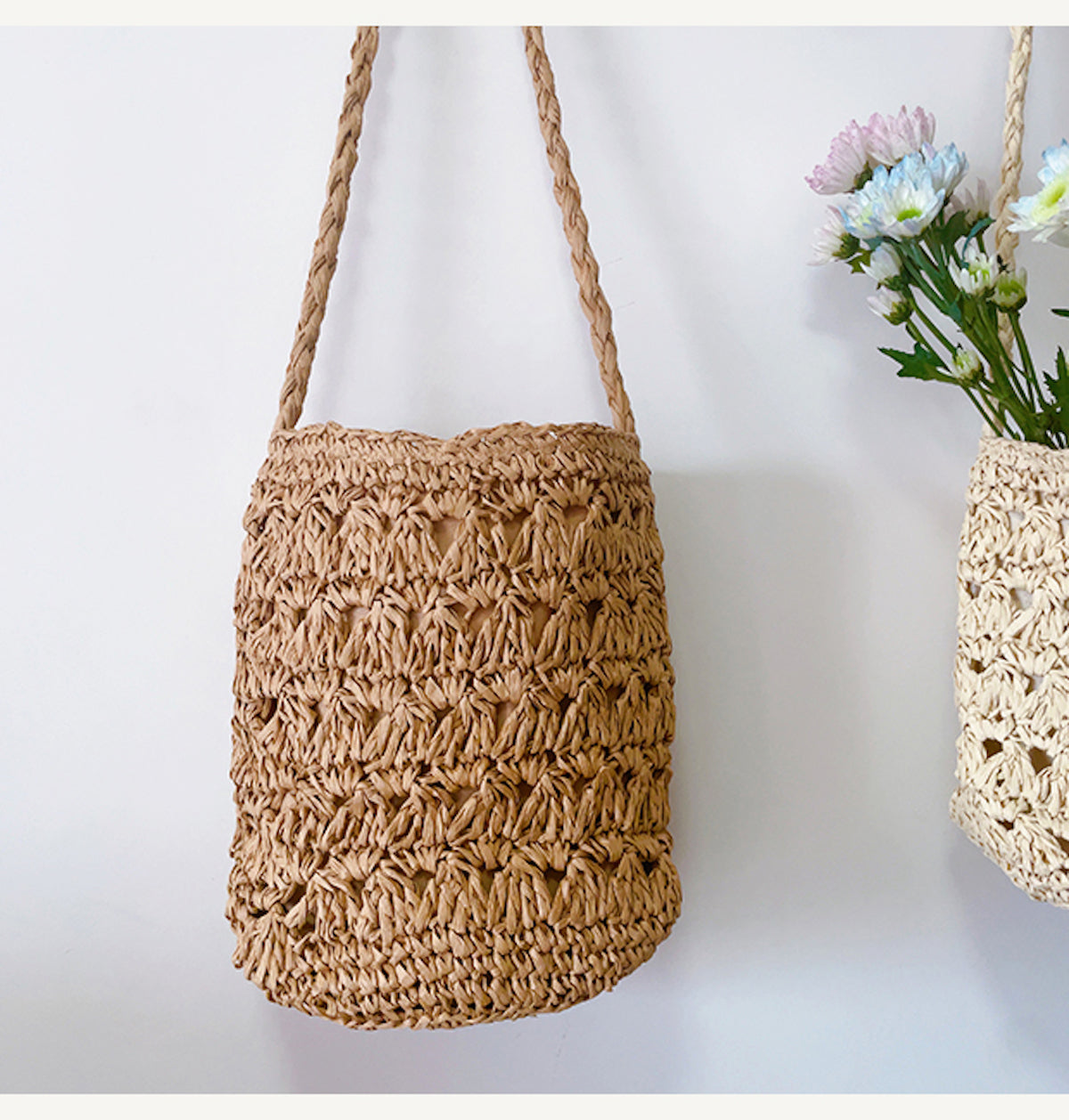Women’s Patterned Straw Shoulder Bucket Bag for Beach, Vacation & Summer Outfits