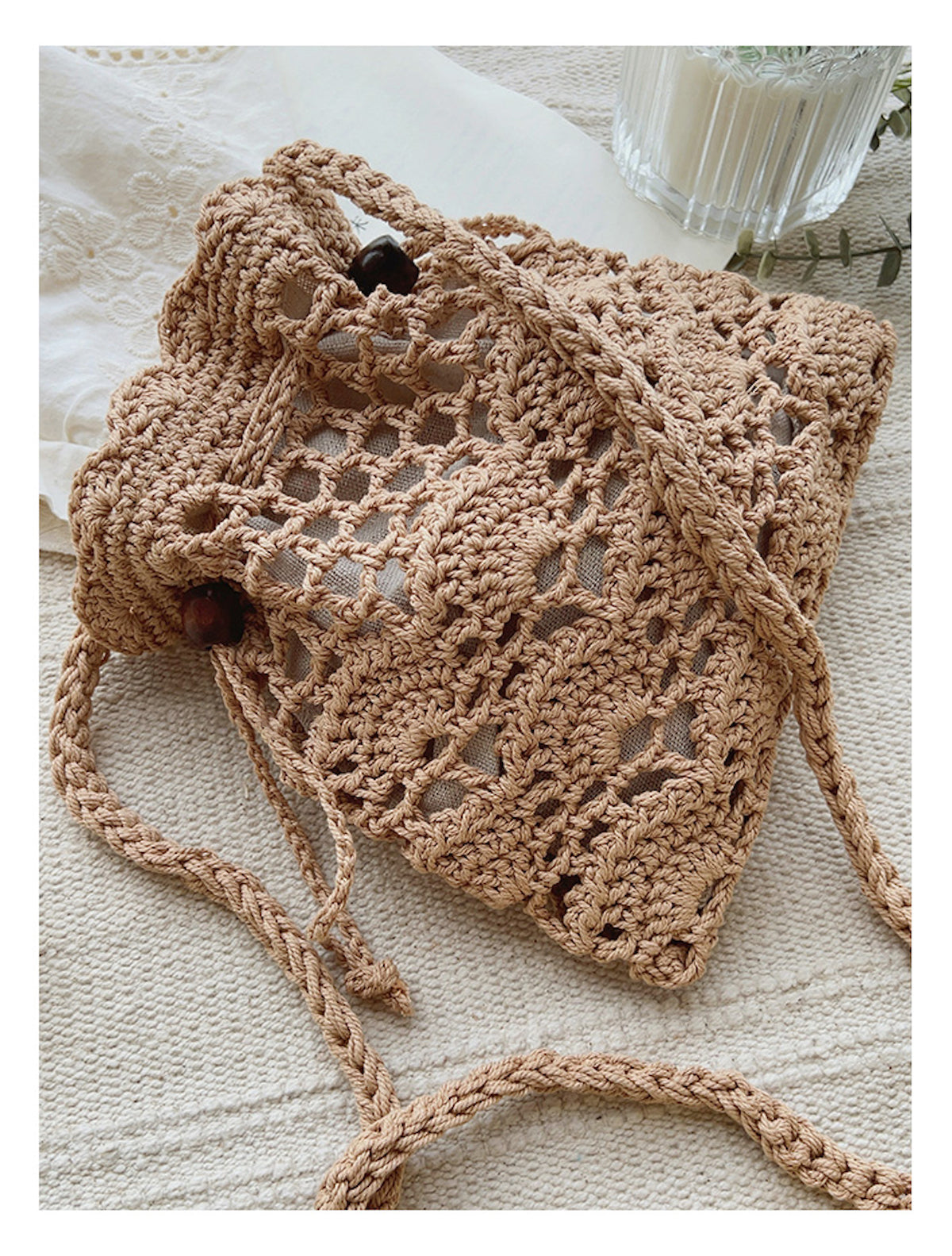 Women’s Floral Cotton Knitted Shoulder Drawstring Bag with Tassel Crossbody Bag for Boho Everyday Style & Gifts