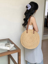 Women’s Round Raffia Woven Shoulder Bag with Genuine Leather Straps Tote Bag for Beach, Vacation & Summer Outfits