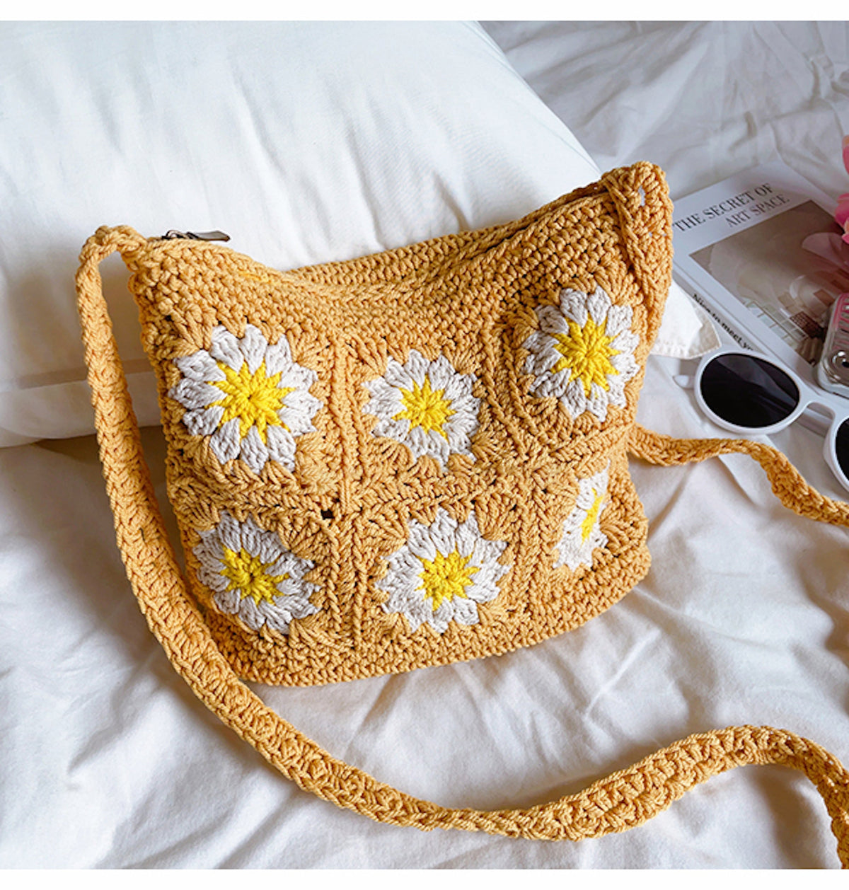 Women’s Handmade Crochet Floral Square Shoulder Bag Purse for Boho Everyday Style & Gifts