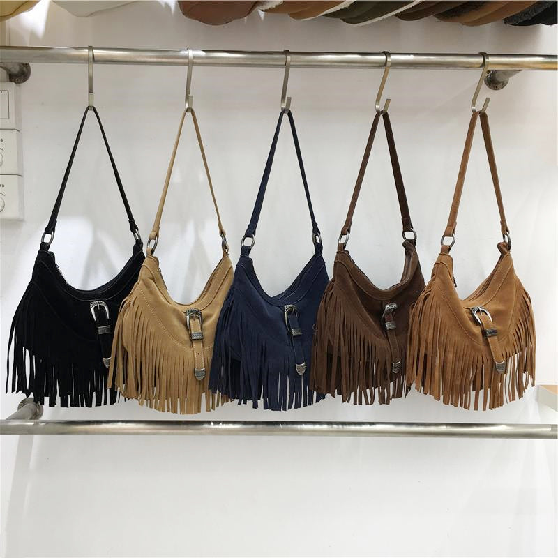 Women’s Soft Leather Soft Suede Shoulder Bag with Tassel for Everyday City Outfits