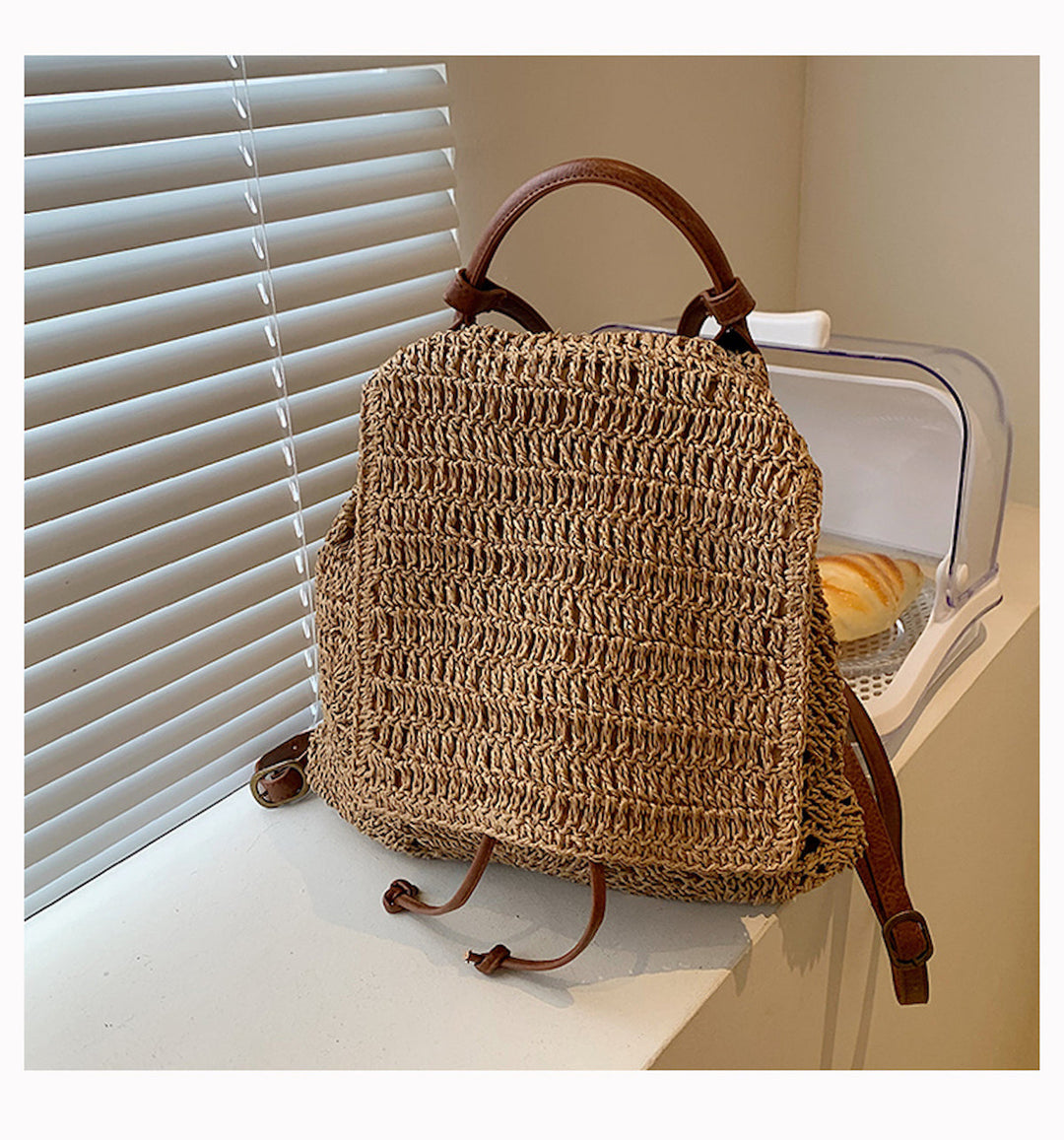 Women’s Straw Backpack with Leather Strap Tote Bag for Beach, Vacation & Summer Outfits