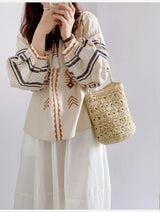 Women’s Patterned Straw Shoulder Bucket Bag for Beach, Vacation & Summer Outfits