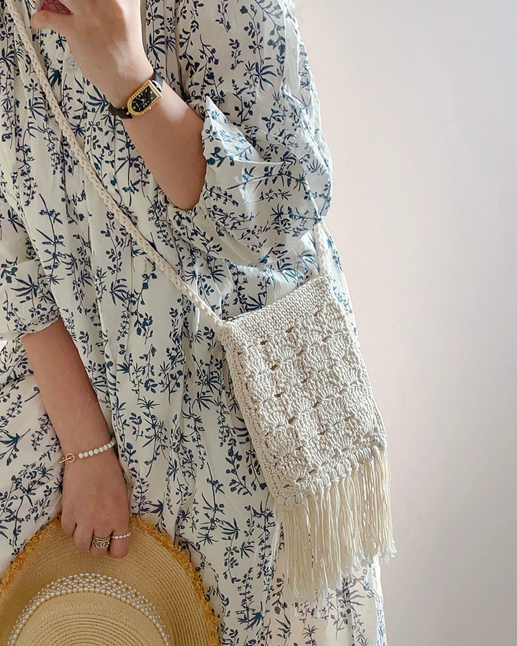 Women’s Crochet Cotton Handmade Bohemian Tassel Beach Small Bag Tote Bag for Boho Everyday Style & Gifts