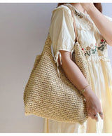 Women’s Straw Woven Tote with Leather Straps for Beach, Vacation & Summer Outfits