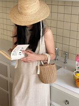 Women’s Straw Top Handle Bucket Bag for Beach, Vacation & Summer Outfits