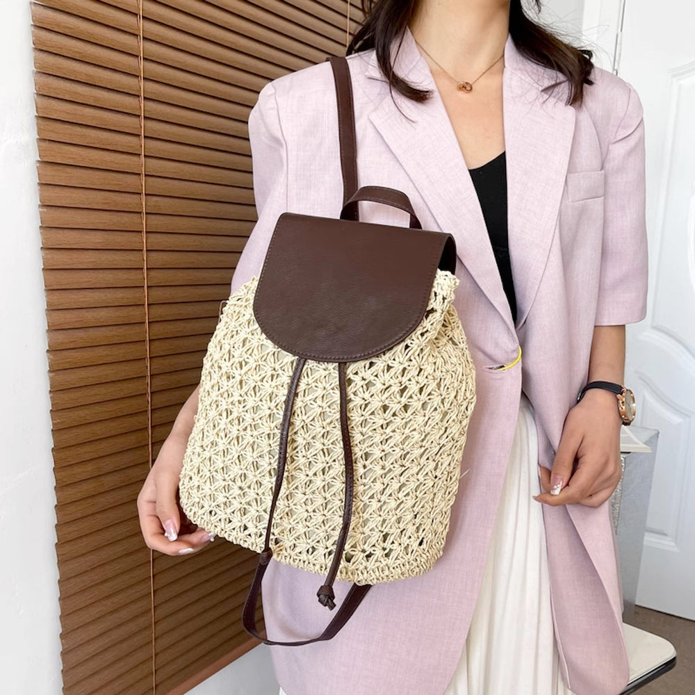 Women’s Straw Woven Backpack with Leather Strap and Flap Tote Bag for Beach, Vacation & Summer Outfits
